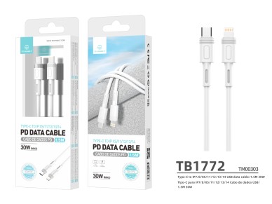 Techancy TB1772 Type-C to Lightning PD Data Cable, 30W, Compatible with iPhone 14/13/12/11, 1.5m, Wh