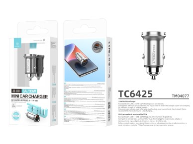 Techancy Mini Carregador TC6425, 33W, USB-A+USB-C, Liga de AlumInio, CompatIvel com Carros, Design S
