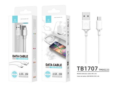 Techancy USB-Micro White Data Cable TB1707, 2 M Long, 2.4 A Charging, Compatible with Micro Devices