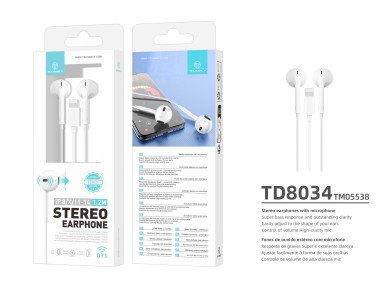 Auriculares estéreo Techancy TD8034 para iPhone 8/X/11-14, blancos, con micrófono, graves 