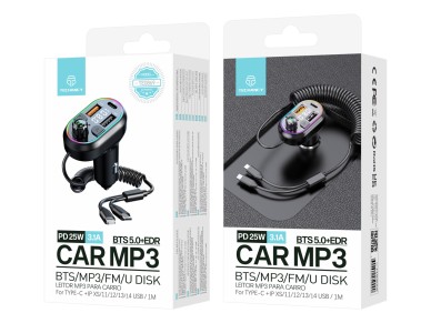 Techancy TE0869 Car MP3 Player, 2-in-1 Cable, PD25W Fast Charging, Cold Light Effect