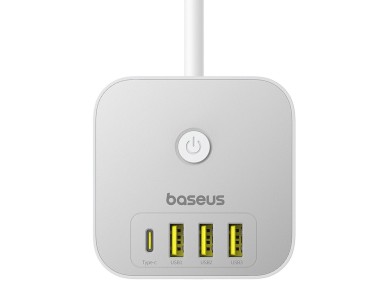 Baseus PowerCombo 7 en 1 - Regleta de enchufes (3 AC, 3 USB-A y 1 USB-C, 20 W, 1,5 m), color blanco