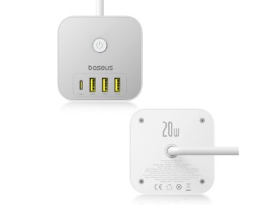 Baseus PowerCombo 7 en 1 - Regleta de enchufes (3 AC, 3 USB-A y 1 USB-C, 20 W, 1,5 m), color blanco