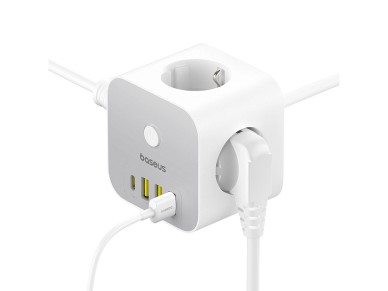 Baseus PowerCombo 7 en 1 - Regleta de enchufes (3 AC, 3 USB-A y 1 USB-C, 20 W, 1,5 m), color blanco
