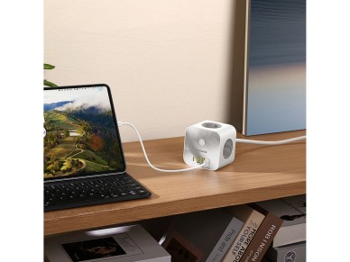 Baseus PowerCombo 7 en 1 - Regleta de enchufes (3 AC, 3 USB-A y 1 USB-C, 20 W, 1,5 m), color blanco