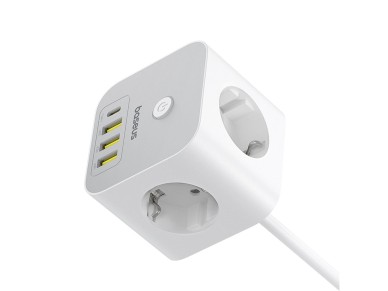 Baseus PowerCombo 7 en 1 - Regleta de enchufes (3 AC, 3 USB-A y 1 USB-C, 20 W, 1,5 m), color blanco