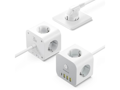 Baseus PowerCombo 7 en 1 - Regleta de enchufes (3 AC, 3 USB-A y 1 USB-C, 20 W, 1,5 m), color blanco