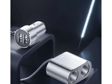 Baseus CRDYQ-0S divisor 2x soquetes de acendedor de cigarros 80W 2x USB-A 3.1A - prata