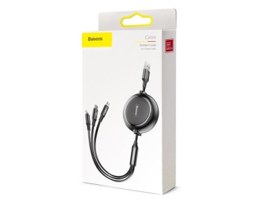 Cable retráctil Baseus Golden Loop 3 en 1 USB - micro USB + Lightning + USB-C 1,2 m 3,5 A negro