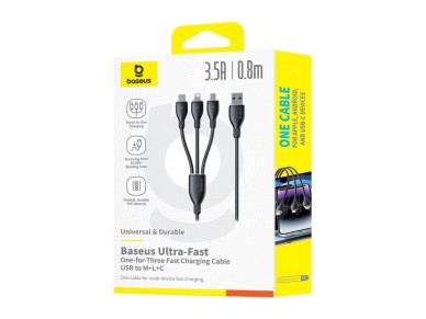 Baseus Ultra-Fast One-for-Three Fast Charging Cable USB-A to M+L+C 3.5A 0.8m Cosmic Black