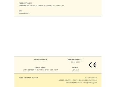 Pila alkalina energy d, 1,5v (blister 2 uds) 34,2 x 61,5 mm