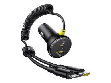 Baseus Circular 60W USB-A + USB-C Car Charger with Built-in Lightning + USB-C Cable 1.4m - Black