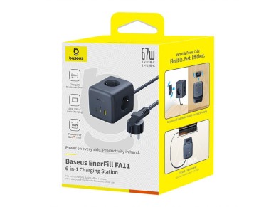 Regleta Baseus EnerFill FA11 de 67 W, con conector USB-A y USB-C, 3 enchufes UE de 1,5 m, color negr