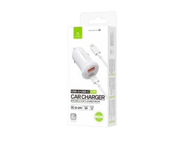 Techancy TC6428 30W USB-A+USB-C Car Charger with 1m USB-C to Lightning PD3.0 QC3.0 12-24V Cable