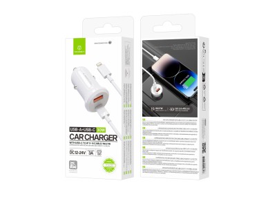 Techancy TC6428 30W USB-A+USB-C Car Charger with 1m USB-C to Lightning PD3.0 QC3.0 12-24V Cable