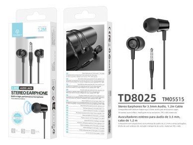 Techancy Auriculares Intra TD8025 Fio 3.5mm Estereo com Microfone Cabo 1.2M Cancelamento Ruido Som H