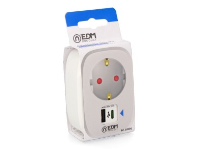 Adaptador de 1 tomada 2p+t schuko com 2 usb a + c, branco