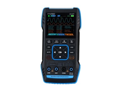 Oscilosc�pio port�til 3 em 1, mult�metro FNIRSI 2C23T e gerador de sinais.