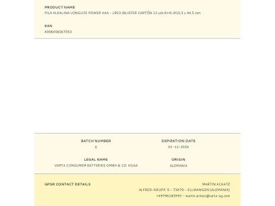 Alkalina longlife power aaa battery - lr03 (blister cardboard 12 units 8+4) �10.5 x 44,5 mm