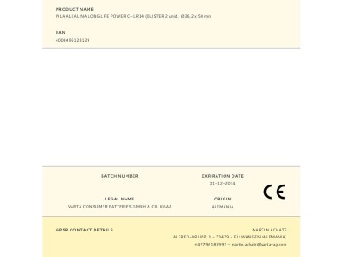 Varta longlife power c battery - lr14 (blister 2 units) �26.2 x 50 mm