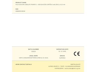 Varta longlife power d battery - lr20 (cardboard blister 2 units) �34.2 x 61.5 mm