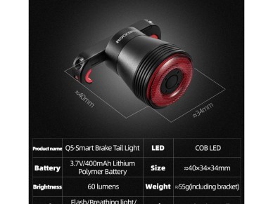 Luz traseira para bicicleta Rockbros Q5 com sistema de parada inteligente - Preto