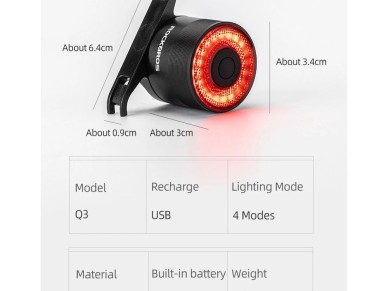 Luz traseira para bicicleta Rockbros Q3 com sistema Smart Stop - Preto