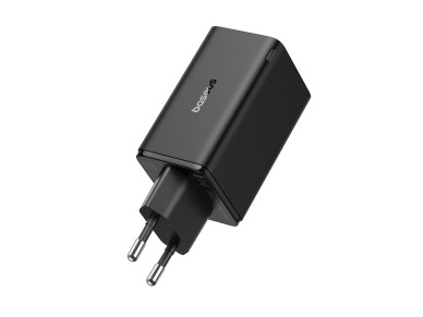Cargador Baseus GaN6 Pro de 65 W con 2 puertos USB-C y 2 puertos USB-A, y cable USB-C negro de 100 W