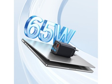 Cargador Baseus GaN6 Pro de 65 W con 2 puertos USB-C y 2 puertos USB-A, y cable USB-C negro de 100 W