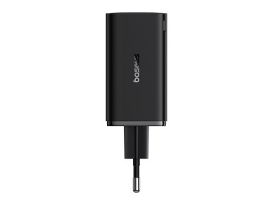 Cargador Baseus GaN6 Pro de 65 W con 2 puertos USB-C y 2 puertos USB-A, y cable USB-C negro de 100 W
