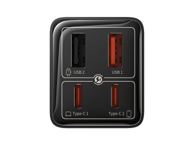 Cargador Baseus GaN6 Pro de 65 W con 2 puertos USB-C y 2 puertos USB-A, y cable USB-C negro de 100 W