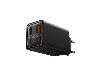 Cargador Baseus GaN6 Pro de 65 W con 2 puertos USB-C y 2 puertos USB-A, y cable USB-C negro de 100 W