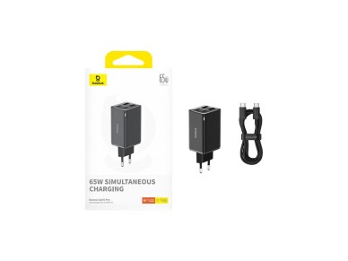 Cargador Baseus GaN6 Pro de 65 W con 2 puertos USB-C y 2 puertos USB-A, y cable USB-C negro de 100 W
