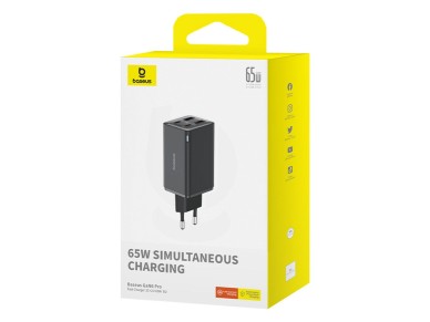 Cargador Baseus GaN6 Pro de 65 W con 2 puertos USB-C y 2 puertos USB-A, y cable USB-C negro de 100 W