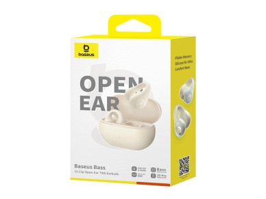 Fones de ouvido sem fio Baseus Bass 15 Clip OWS com cabo Baseus Simple USB-C 3A de 30 cm - Branco