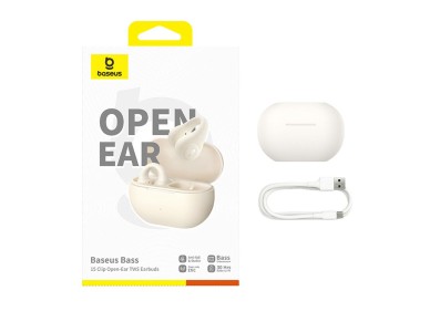 Fones de ouvido sem fio Baseus Bass 15 Clip OWS com cabo Baseus Simple USB-C 3A de 30 cm - Branco