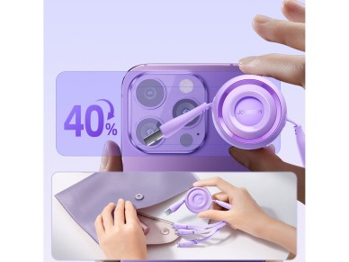 Cabo retr�til 3 em 1 Joyroom Colorful Series S-A40 USB-A - USB-C / Lightning / Micro USB 1m - Roxo