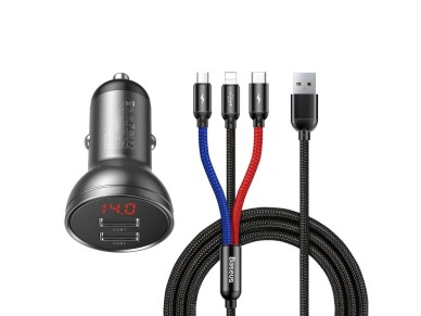 Cargador de coche Baseus 2x USB 4.8A 24W con pantalla LCD + cable 3 en 1 USB - USB Tipo C / micro US Cargador de coche Baseus 2x USB 4.8A 24W con pantalla LCD + cable 3 en 1 USB - USB Tipo C / micro US