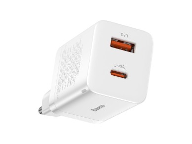 Carregador de parede Baseus Super Si PD 30W 1x USB-C 1x USB branco