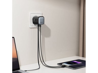 Joyroom JR-TCL02 65W USB-A USB-C GaN charger with built-in USB-C cable - black