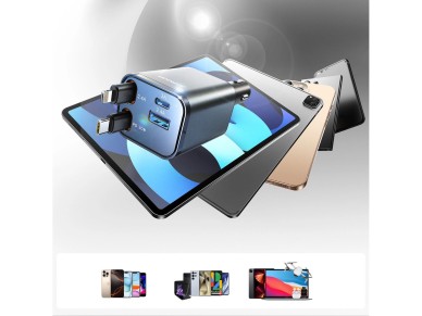 Joyroom JR-CCL05 30W 4-in-1 Car Charger with 2 Built-in Retractable Cables - Dark Gray Joyroom JR-CCL05 30W 4-in-1 Car Charger with 2 Built-in Retractable Cables - Dark Gray