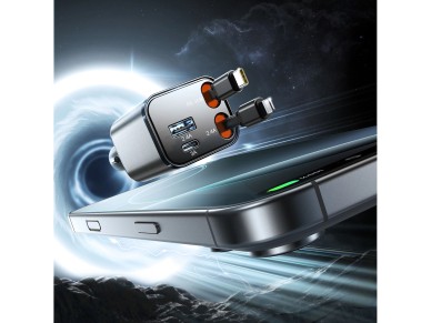 Joyroom JR-CCL05 30W 4-in-1 Car Charger with 2 Built-in Retractable Cables - Dark Gray Joyroom JR-CCL05 30W 4-in-1 Car Charger with 2 Built-in Retractable Cables - Dark Gray