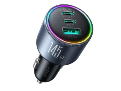 Carregador veicular Joyroom JR-CCN07 de 145 W com 2 portas USB-C e USB-A + cabo USB-C de 100 W - Cin Carregador veicular Joyroom JR-CCN07 de 145 W com 2 portas USB-C e USB-A + cabo USB-C de 100 W - Cin