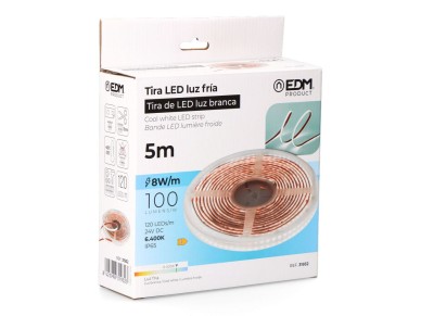 Fita led luz branca fria 6.400k adesivo 5 m x 10 mm 8 w/m 100 lm 24 v dc