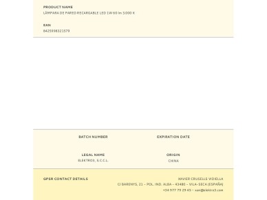 Rechargeable led wall lamp 1w 60lm 3,000k