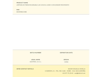 Rechargeable led wall lamp 1w 60lm 3,000k with motion sensor