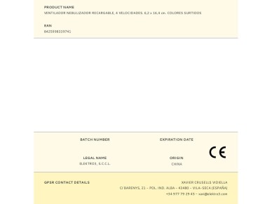 Ventilador nebulizador recargable, 4 velocidades. 6,2 x 16,4 cm. colores surtidos