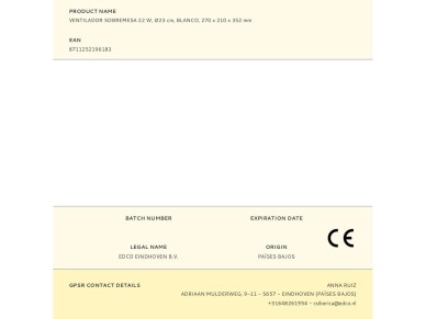 Ventilador sobremesa 22 w, �23 cm, blanco, 270 x 210 x 352 mm