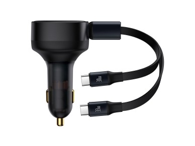 Baseus car charger Enjoyment Retractable 2w1 30W black with cable 2x USB-C
