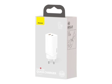 Cargador de pared Baseus GaN2 Lite PD 65W 1x USB-C 1x USB blanco